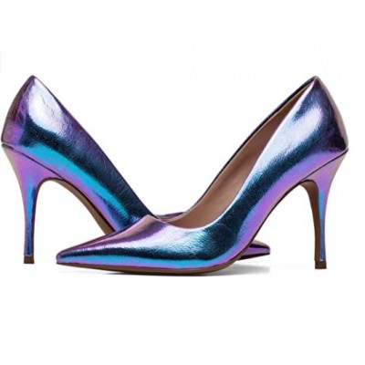 Linea Paolo - Meryl - Women's Block Heel Square Toe Mary Jane Pumps with Chain Detail Vegan Blue Iridescent Wrinkle Metallic Pu