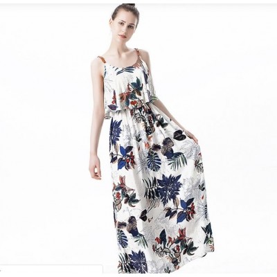 Women's summer new temperament sleeveless printed flounce loose strap strapless dresses